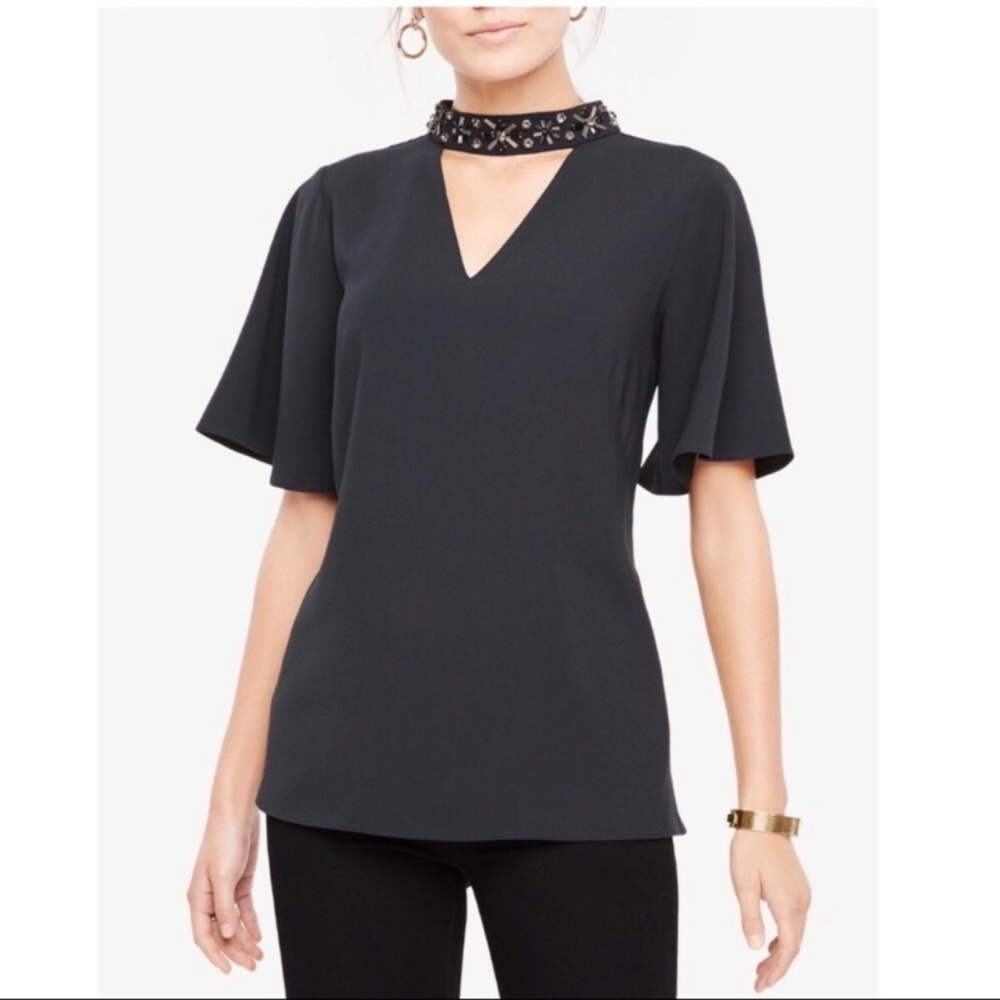 Ann Taylor Beaded Choker Neck Cutout Top